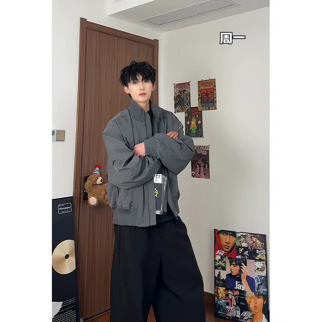 佑麟 美式短款飞行员宽松工装立领春季夹克外套 男女同款