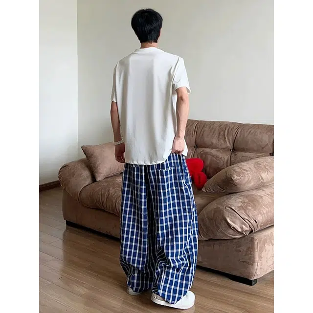 佑麟 美式格子裤子夏季薄款泡泡纱弯刀裤冰丝速干宽松直筒阔腿裤休闲裤 男女同款