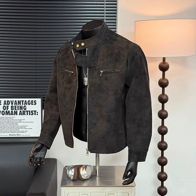 佑麟 美式复古扎染皮衣外套秋春潮牌短款机车服痞帅高级感正肩夹克 男女同款