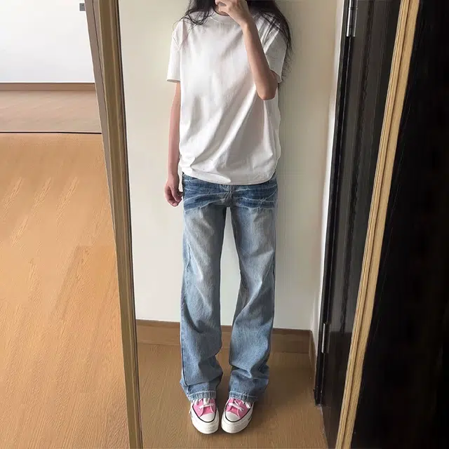 佑麟 美式高街提档微喇裤子高级感窄版显瘦直筒裤闪电裂纹牛仔裤 男女同款