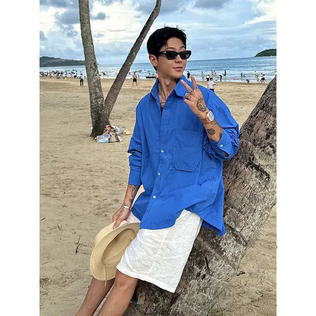 佑麟 那不勒斯高级感痞帅海边穿搭防晒衬衣外套韩系长袖衬衫 男女同款