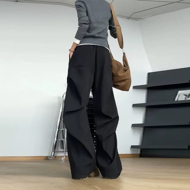 佑麟 黑色褶皱微喇西裤秋季痞帅高级感垂坠感直筒裤子宽松阔腿西装裤 男女同款