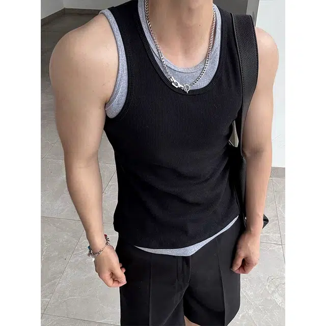 佑麟 假两件运动紧身夏季痞帅修身无袖美式工字健身坎肩背心 男女同款