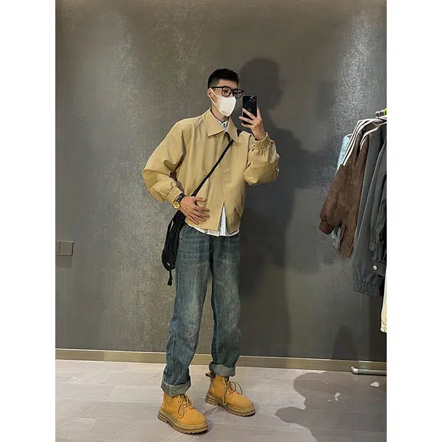 佑麟 短款美式正肩垫肩翻领行政长袖夹克外套 男女同款