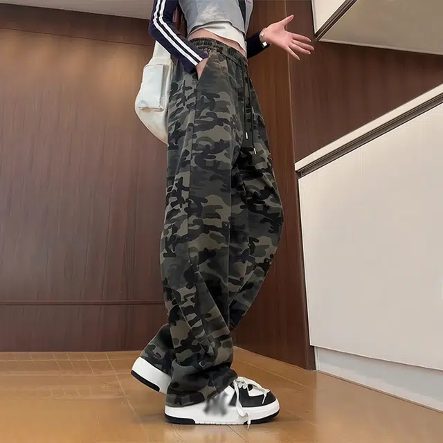 佑麟 美式复古迷彩裤秋季直筒运动卫裤宽松阔腿裤子垂感高腰休闲裤 男女同款