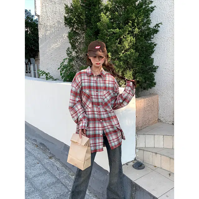 佑麟 格子美式复古格纹衬衣少年感长袖衬衫 男女同款