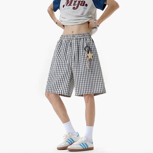 佑麟 星星挂件格子拼接裤夏季潮牌设计感宽松直筒阔腿五分裤子休闲短裤 男女同款