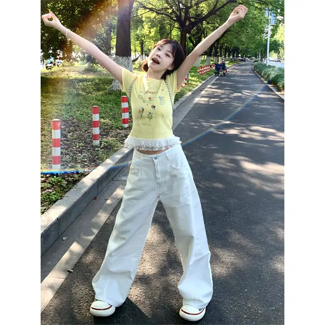 佑麟 弯刀牛仔裤夏薄款镰刀高腰阔腿裤子美式高街宽松直筒工装裤长裤 男女同款