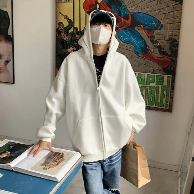佑麟 美式简约纯色复古休闲开衫质感连帽外套卫衣 男女同款