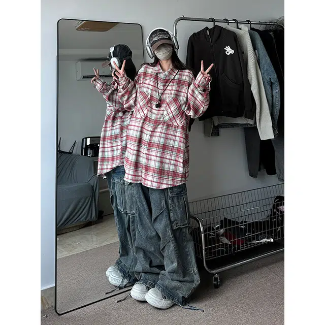 佑麟 格子美式复古格纹衬衣少年感长袖衬衫 男女同款