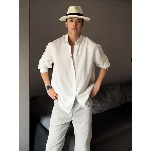 佑麟 老钱风莱赛尔亚麻衬衫夏季薄款长袖衬衣痞帅高级感穿搭棉麻外套上衣 男女同款