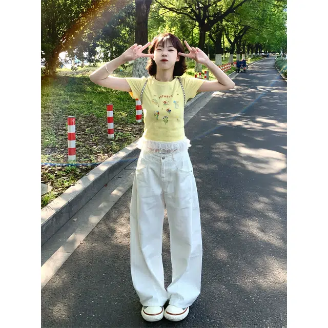 佑麟 弯刀牛仔裤夏薄款镰刀高腰阔腿裤子美式高街宽松直筒工装裤长裤 男女同款