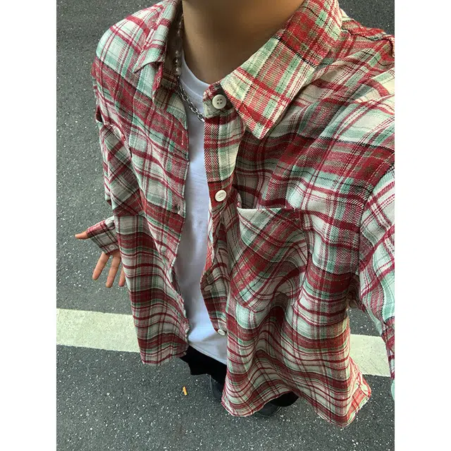 佑麟 格子美式复古格纹衬衣少年感长袖衬衫 男女同款