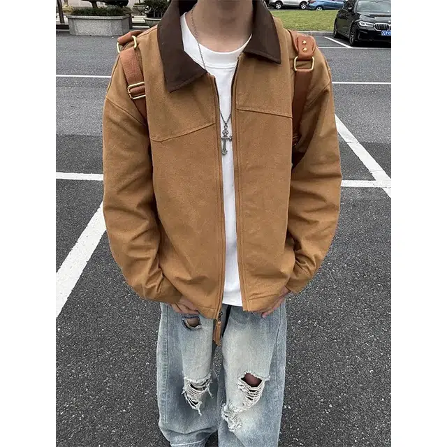 佑麟 美式复古外套秋季水洗帆布翻领棒球服底特律工装夹克 男女同款