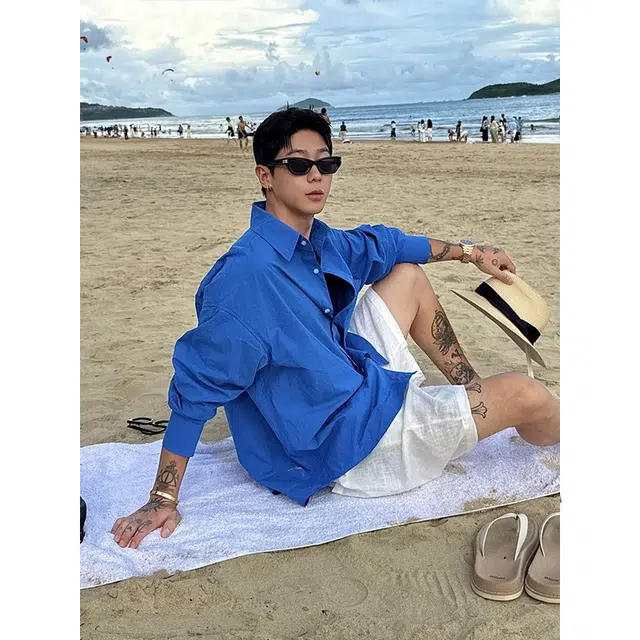 佑麟 那不勒斯高级感痞帅海边穿搭防晒衬衣外套韩系长袖衬衫 男女同款