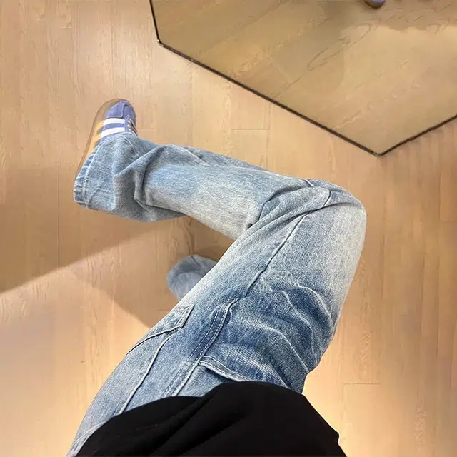 佑麟 美式高街提档微喇裤子高级感窄版显瘦直筒裤闪电裂纹牛仔裤 男女同款