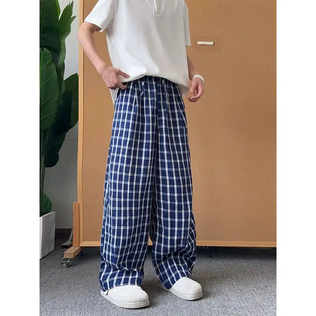 佑麟 美式格子裤子夏季薄款泡泡纱弯刀裤冰丝速干宽松直筒阔腿裤休闲裤 男女同款