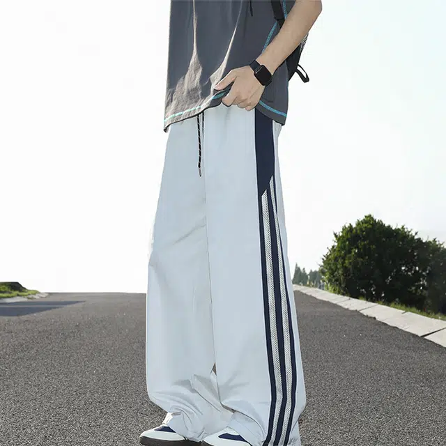 佑麟 网眼三条杠裤子男夏薄款美式冰丝速干青少年运动裤宽松阔腿伞兵裤休闲裤 男女同款