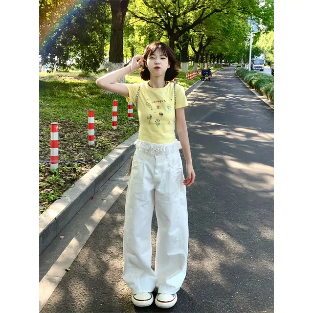 佑麟 弯刀牛仔裤夏薄款镰刀高腰阔腿裤子美式高街宽松直筒工装裤长裤 男女同款