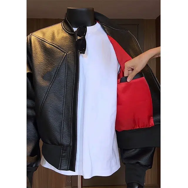 佑麟 美式短款皮衣外套秋季痞帅高级感机车服红内棒球服飞行皮夹克 男女同款