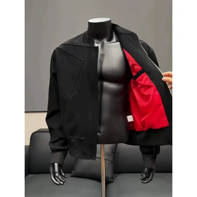 佑麟 秋季重磅倒三角正肩棒球服高级感外套红内拼接水洗帆布夹克 男女同款