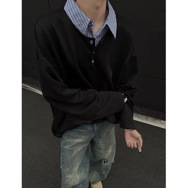 佑麟 拼接假两件复古衬衫高级翻领美式宽松休闲长袖卫衣 男女同款