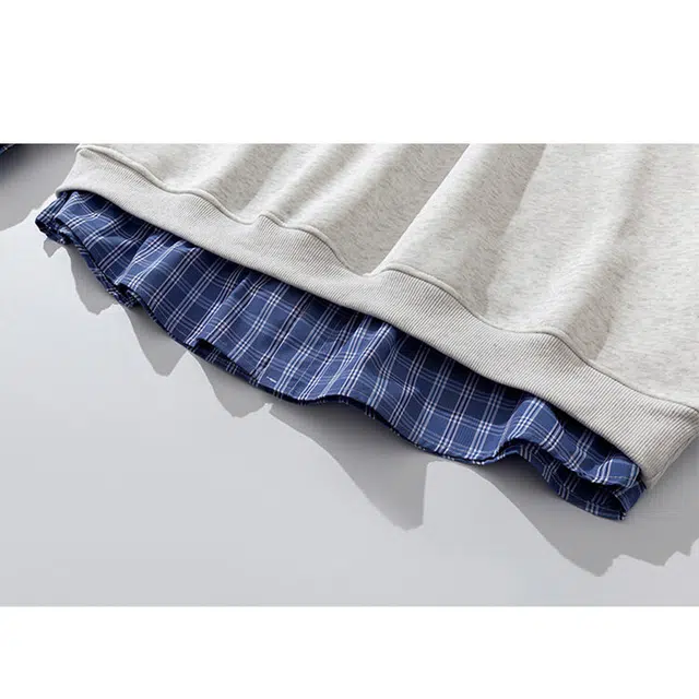 佑麟 格子衬衫领假两件春秋季设计感休闲长袖外套上衣卫衣 男女同款