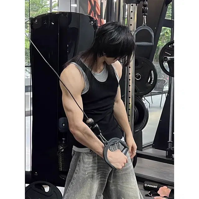 佑麟 假两件运动紧身夏季痞帅修身无袖美式工字健身坎肩背心 男女同款