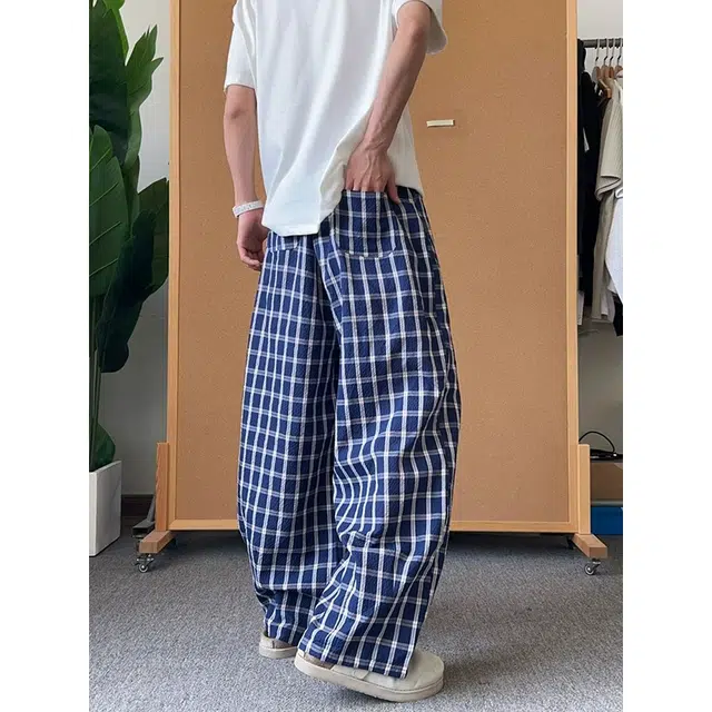 佑麟 美式格子裤子夏季薄款泡泡纱弯刀裤冰丝速干宽松直筒阔腿裤休闲裤 男女同款