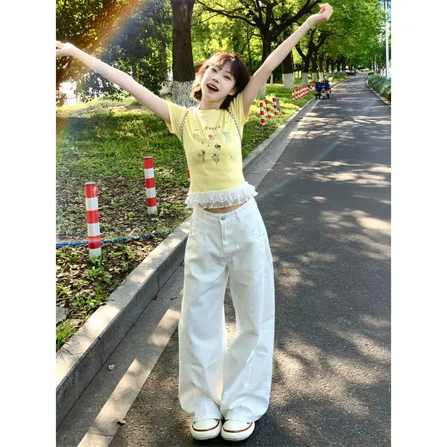 佑麟 弯刀牛仔裤夏薄款镰刀高腰阔腿裤子美式高街宽松直筒工装裤长裤 男女同款