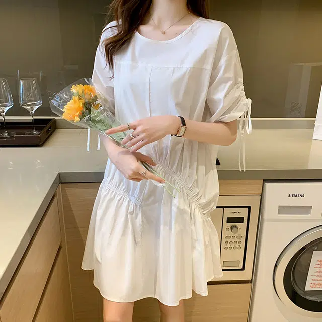 木清清 不规则通勤简约韩版抽褶裙子短袖连衣裙 女款