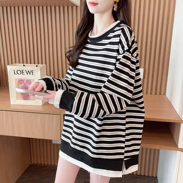 木清清 条纹女士春秋款假两件大码薄款设计感长袖上衣潮品卫衣 女款