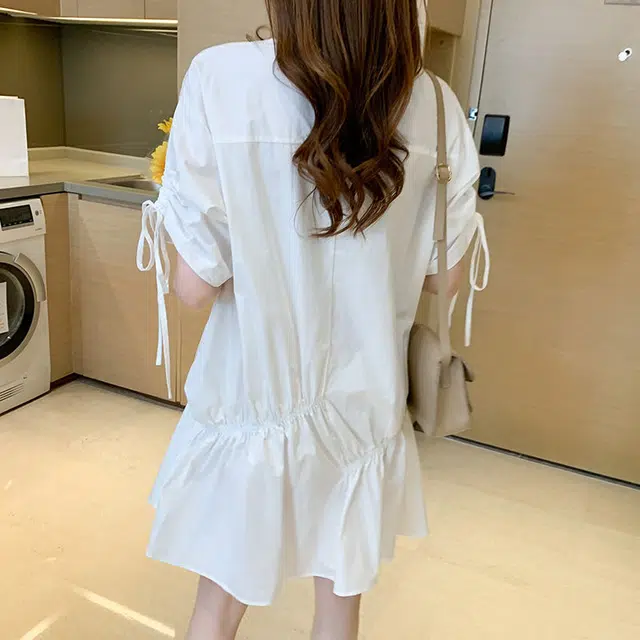 木清清 不规则通勤简约韩版抽褶裙子短袖连衣裙 女款