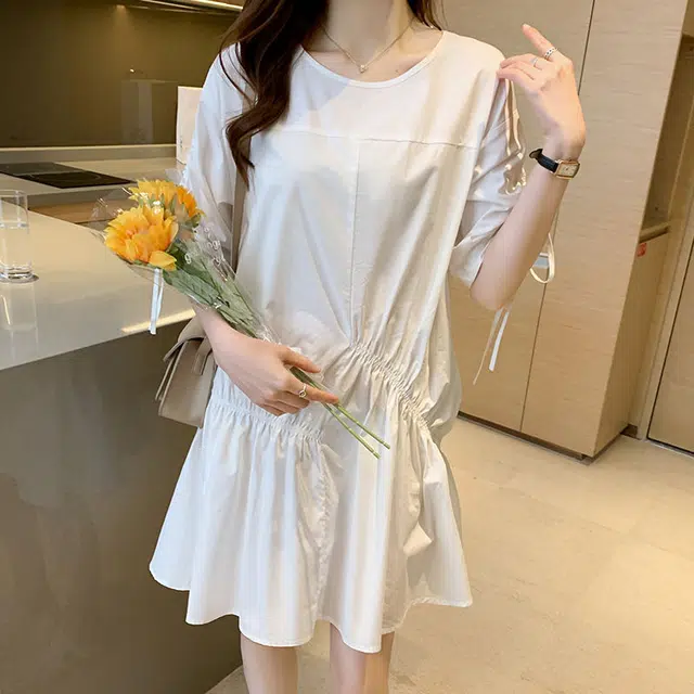 木清清 不规则通勤简约韩版抽褶裙子短袖连衣裙 女款