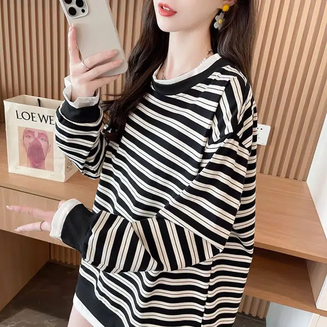 木清清 条纹女士春秋款假两件大码薄款设计感长袖上衣潮品卫衣 女款