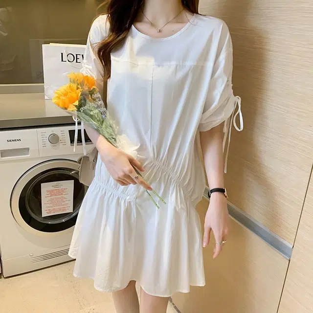 木清清 不规则通勤简约韩版抽褶裙子短袖连衣裙 女款