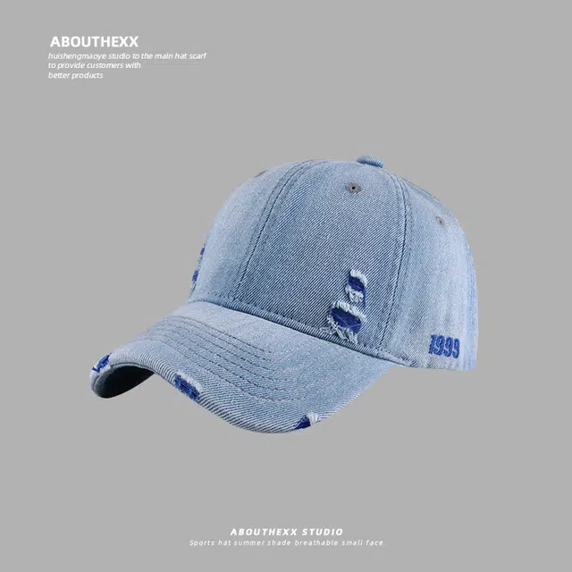 小猪班纳 个性街头做旧破洞美式复古牛仔软顶时尚百搭潮 棉 鸭舌帽 男女同款情侣款