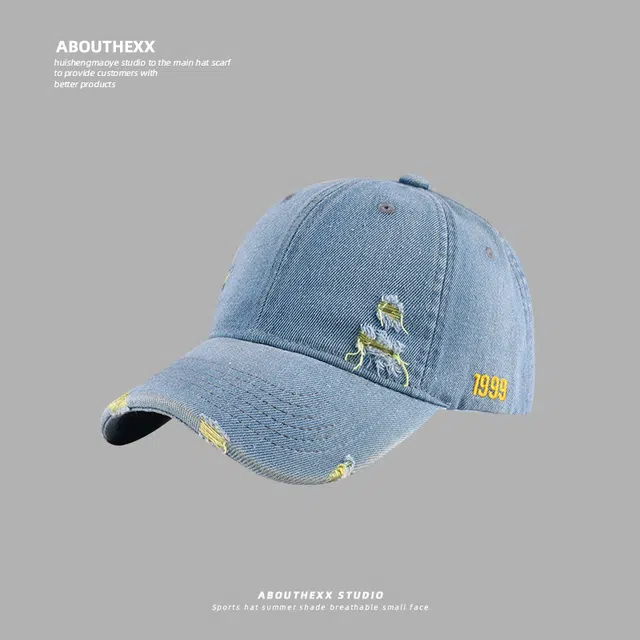 小猪班纳 个性街头做旧破洞美式复古牛仔软顶时尚百搭潮 棉 鸭舌帽 男女同款情侣款