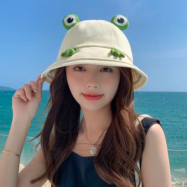 小猪班纳 韩版可爱青蛙眼睛潮百搭日系显脸小盆帽可折叠遮阳 棉 渔夫帽 男女同款情侣款