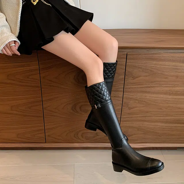 复古时尚百搭通勤休闲显瘦气质小香风骑士靴 高筒靴 女款 经典黑色