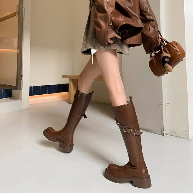 牛皮革 经典圆头设计复古时尚纯色简约 高筒靴 女款