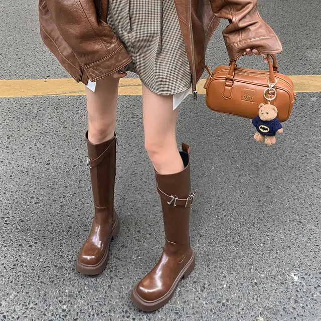 牛皮革 经典圆头设计复古时尚纯色简约 高筒靴 女款