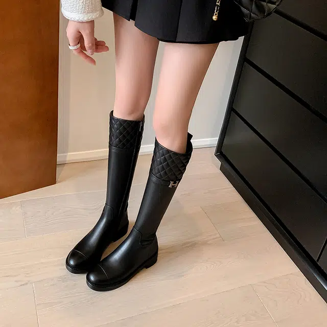 复古时尚百搭通勤休闲显瘦气质小香风骑士靴 高筒靴 女款 经典黑色