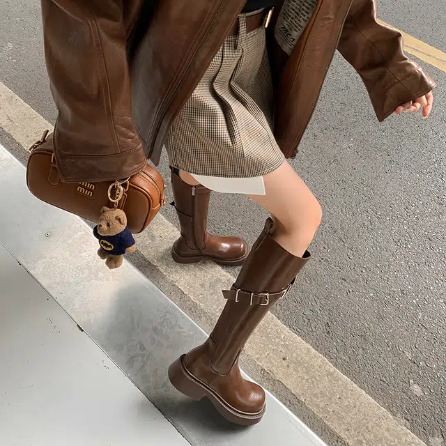 牛皮革 经典圆头设计复古时尚纯色简约 高筒靴 女款