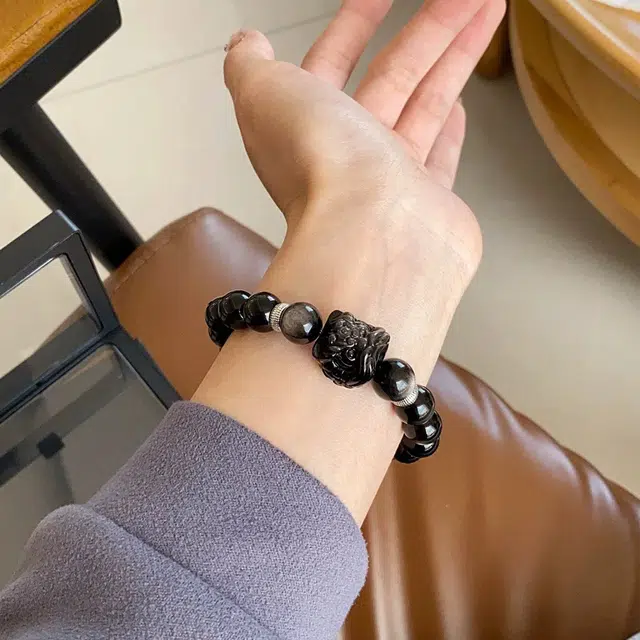 魏天选 【泉州关帝庙】国潮新中式 醒狮开运转运 招财进宝 狮来运转貔貅八方来财摩登酷黑系#好运 黑曜石 手串 男女同款情侣款