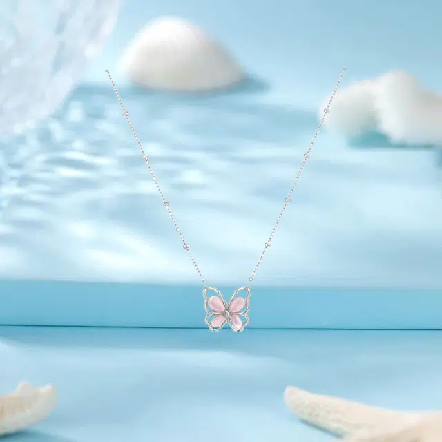 【浪漫樱花蝴蝶】 百慕眸 梦幻蝶恋花甜美可爱轻奢优雅个性设计 百搭休闲通勤显白锁骨链 礼盒款#好运 琉璃 项链 女款