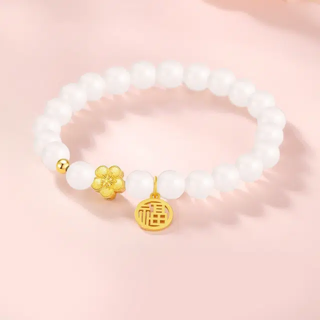百慕眸 桃花小福牌 福气满满新中式国潮招财纳福转运珠 白玉菩提 手串 男女同款情侣款
