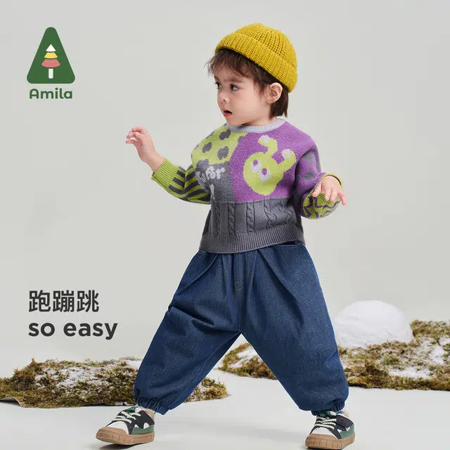 啊咪啦 保暖舒适简约休闲羽绒牛仔裤 儿童款