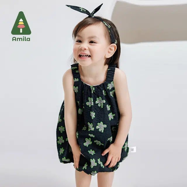 啊咪啦 舒适简约碎花方领吊带儿童连衣裙 中童