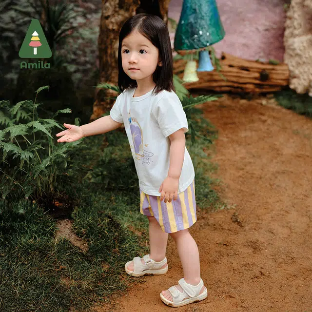 中童 啊咪啦 圆领字母图案舒适短袖松紧腰条纹短裤休闲运动套装
